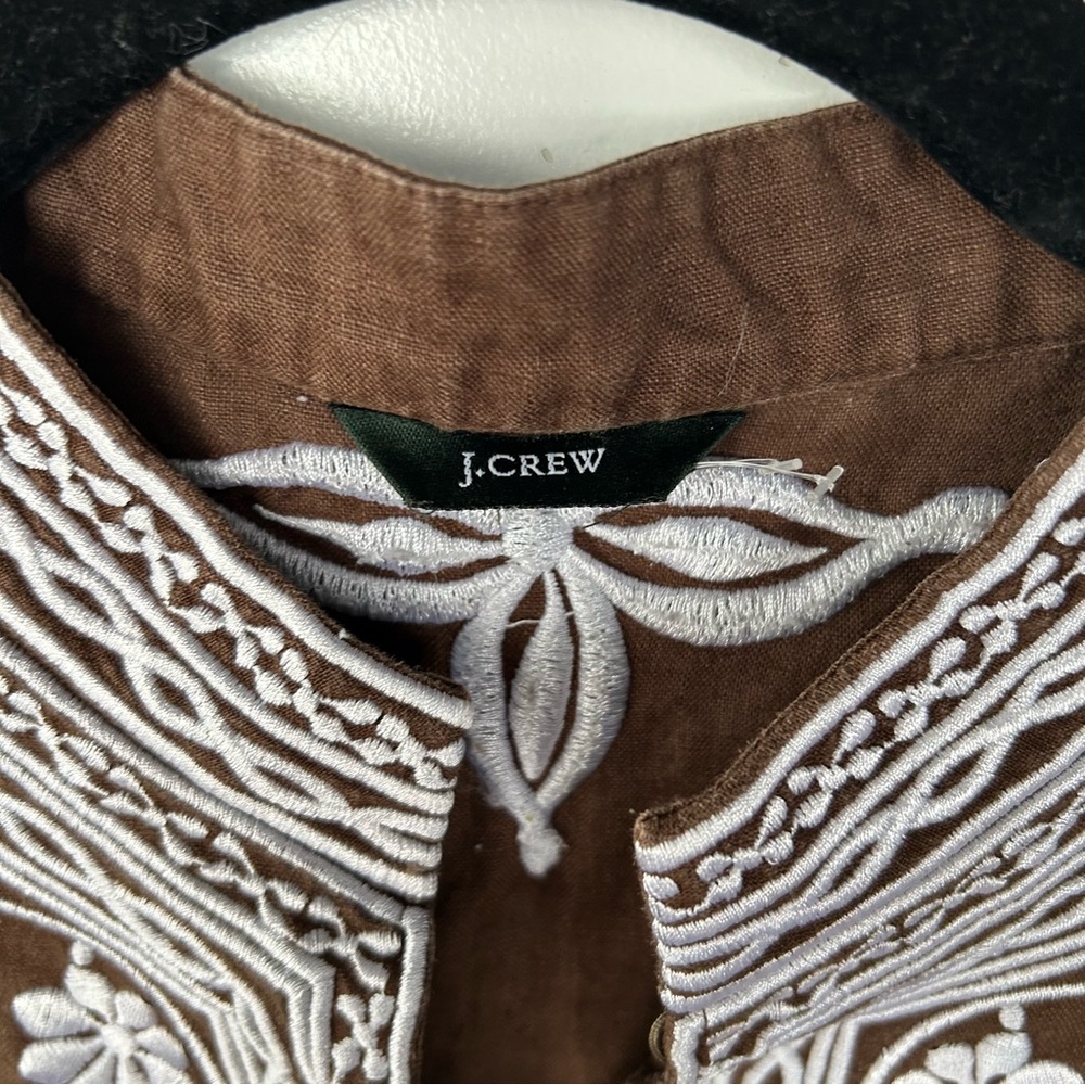Vintage J.Crew 100% Linen Womens Brown Embroidered Boho Tunic Peasant Blouse - Picture 2 of 6